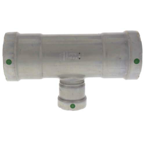 Viega MegaPress carbon steel press tee fitting with zinc-nickel coating and green indicator dots.