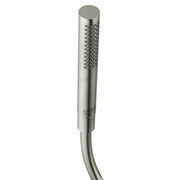 Brushed nickel cylindrical handshower with perforated spray face and attached hose.