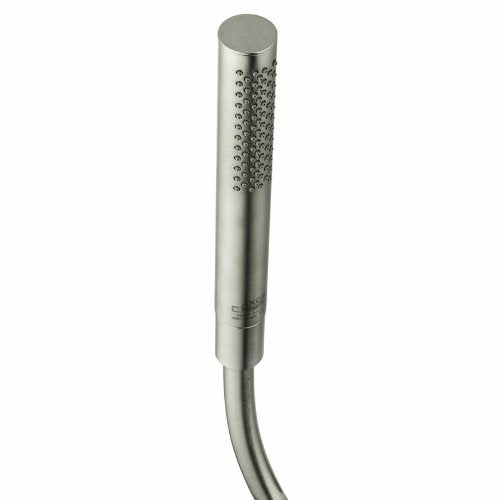 Brushed nickel cylindrical handshower with perforated spray face and attached hose.