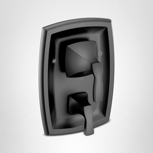 Matte black shower trim kit with rectangular escutcheon plate, upper diverter lever, and lower volume control handle.