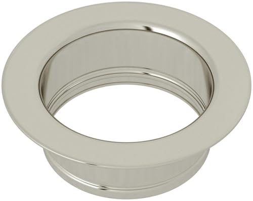 Polished nickel sink disposal flange with recessed center opening and ridged inner rim.
