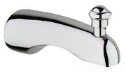 Chrome bathtub spout with lift rod and diverter handle in polished finish.