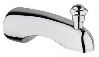 Chrome bathtub spout with lift rod and diverter handle in polished finish.