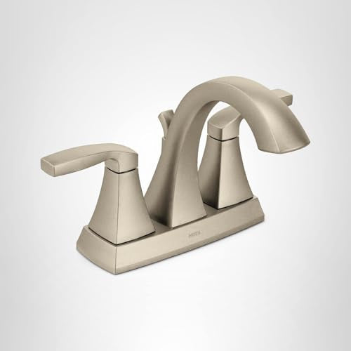 Brushed nickel two-handle bathroom faucet with high arc spout and rectangular base.