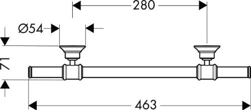 Chrome towel bar with cylindrical rod, mounting brackets at each end, dimensions 280mm width and 463mm overall length.