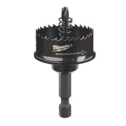 Milwaukee Shockwave 1-1/4 inch black impact hole saw with serrated cutting edges and hex drive shank.