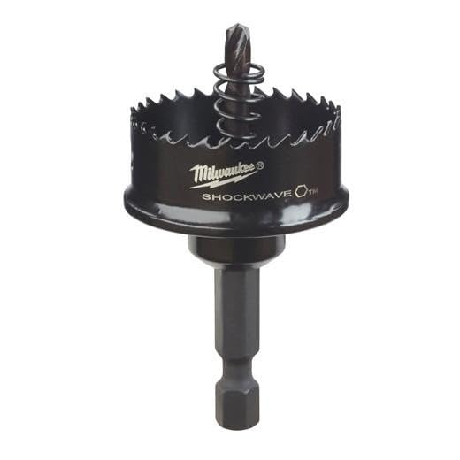 Milwaukee Shockwave 1-1/4 inch black impact hole saw with serrated cutting edges and hex drive shank.
