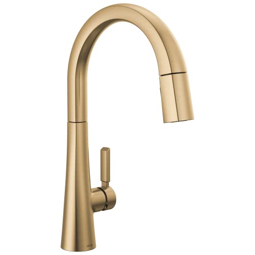Champagne bronze single-handle kitchen faucet with curved spout and pull-down spray head.