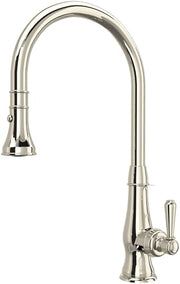 Polished nickel pull-down kitchen faucet with curved spout and single lever handle.