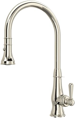 Polished nickel pull-down kitchen faucet with curved spout and single lever handle.