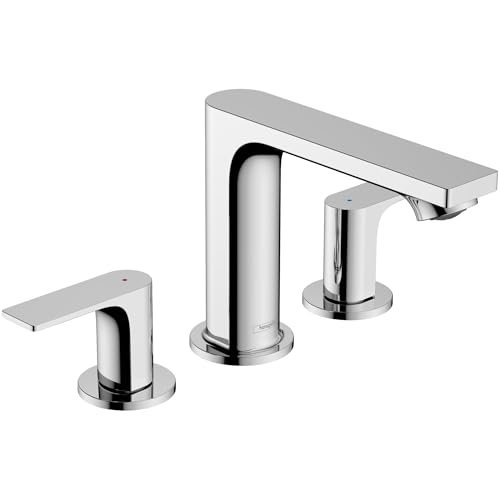 Chrome widespread bathroom faucet with two curved handles, tall central spout, and rectangular basin spout.