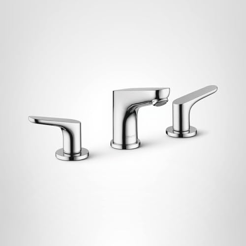 Chrome three-piece widespread bathroom faucet with lever handles and curved spout.