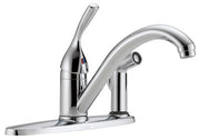 Chrome single-handle kitchen faucet with curved spout and attached side spray on deck plate.
