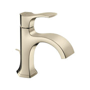 Polished nickel single-hole bathroom faucet with curved spout and lever handle.