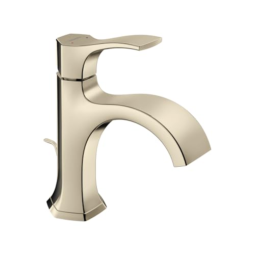 Polished nickel single-hole bathroom faucet with curved spout and lever handle.