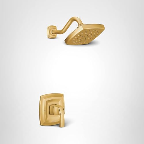 Brushed gold shower trim kit with curved arm, rectangular showerhead with perforations, and single lever valve control.
