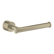 Brushed nickel toilet paper holder with cylindrical wall mount and open horizontal bar.