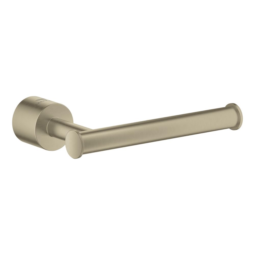 Brushed nickel toilet paper holder with cylindrical wall mount and open horizontal bar.