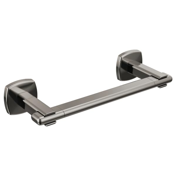 Brushed nickel towel bar with curved wall-mounted brackets on each end.
