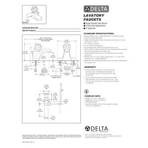 Chrome single handle centerset bathroom faucet with installation diagram and specifications.