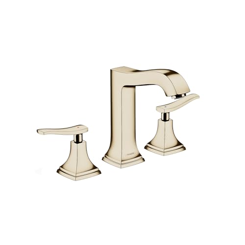 Polished nickel three-piece widespread faucet with curved spout and lever handles on square bases.