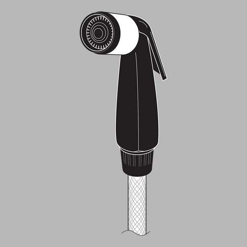 Chrome side spray with black handle and attached hose assembly featuring circular spray head with adjustable settings.