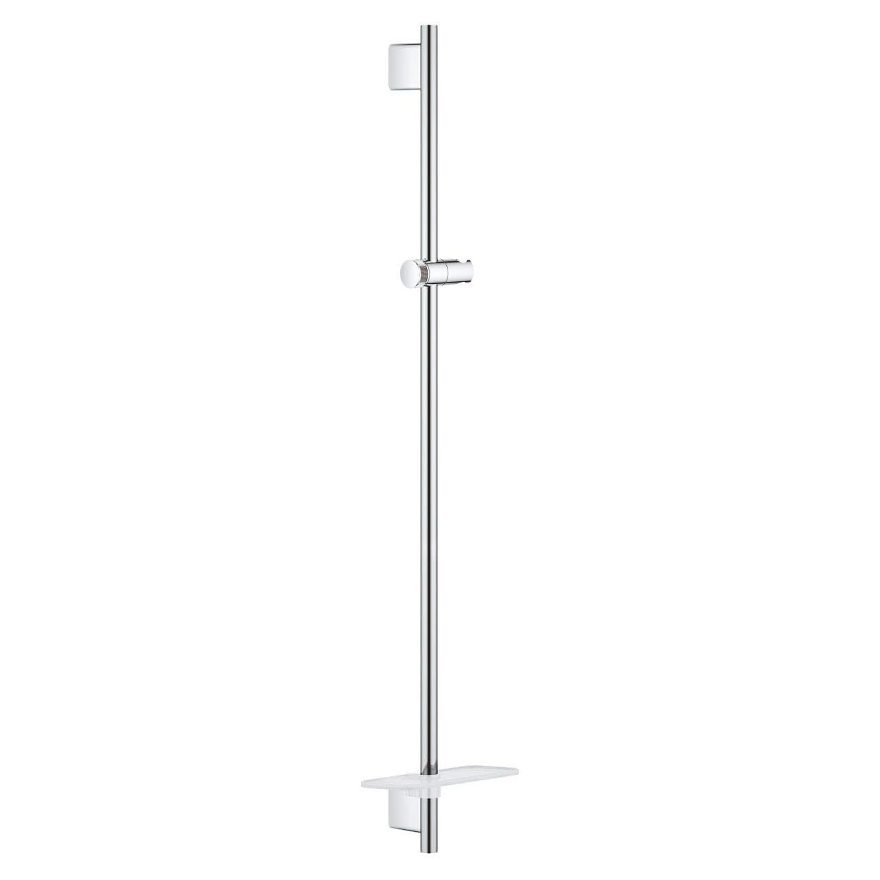 Chrome shower slide bar with adjustable handshower holder and shelf, vertical mounting rail design.