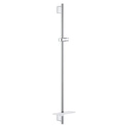 Chrome shower slide bar with adjustable handshower holder and shelf, vertical mounting rail design.