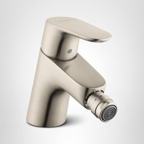 Brushed nickel single-hole bidet faucet with curved spout and integrated spray outlet.