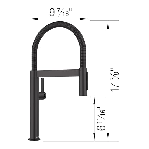 Matte black single-handle pull-down kitchen faucet with curved spout and dimensions labeled.