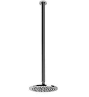 Chrome overhead shower head with vertical arm and perforated rainfall face.