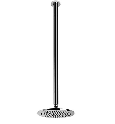 Chrome overhead shower head with vertical arm and perforated rainfall face.