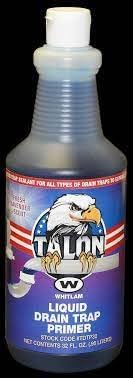 Whitlam Talon blue liquid drain trap primer in clear plastic bottle with white cap and product label.