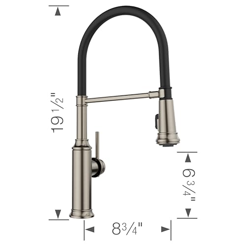 Satin platinum semi-pro kitchen faucet with black pulldown spray head and single side lever, 19.5 inches tall.