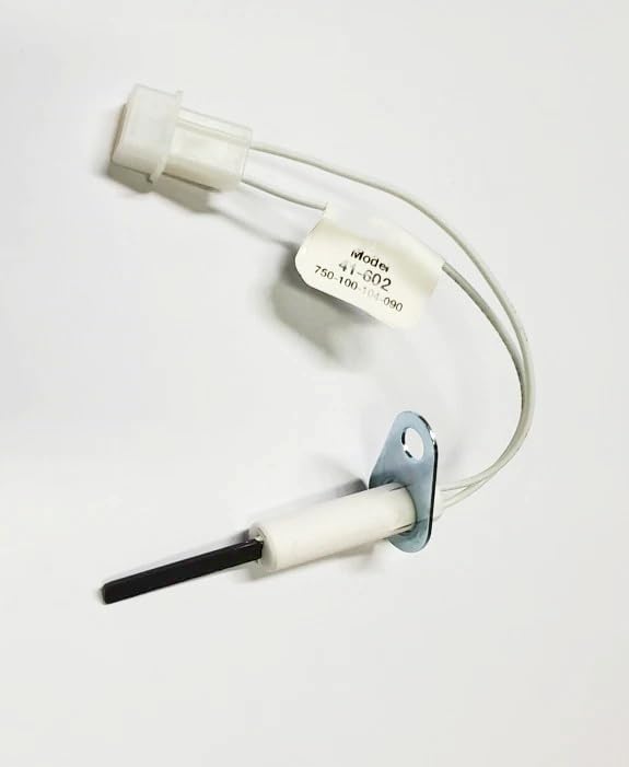 White hot surface ignitor with ceramic probe, metal mounting bracket, and connector cable with model number label visible.