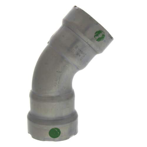 Gray carbon steel 45-degree press elbow with zinc-nickel coating and green identification dots on both ends.