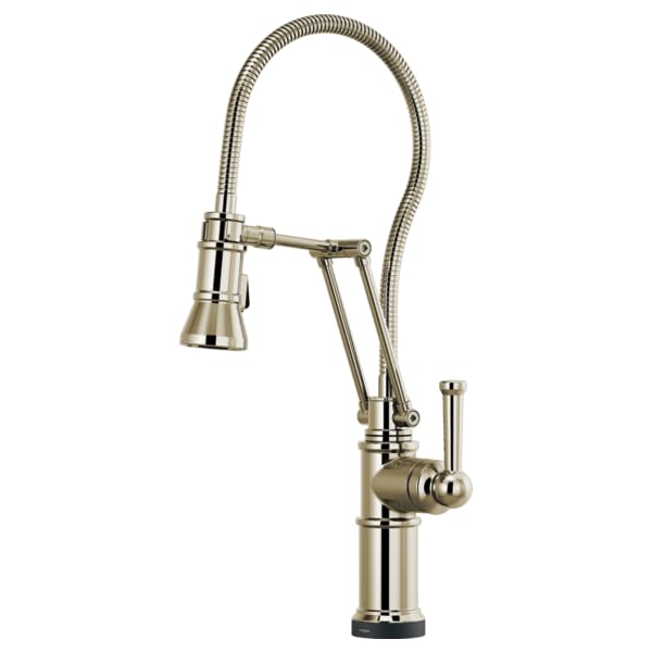 Brushed nickel kitchen faucet with articulating spray head and flexible hose, single handle design with tall base.