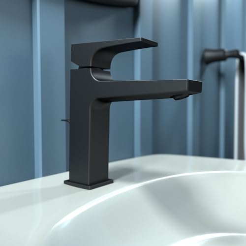 Matte black single-hole bathroom faucet with lever handle and curved spout mounted on white sink.