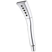 Chrome hand shower with rectangular head and five square spray ports along the upper section.