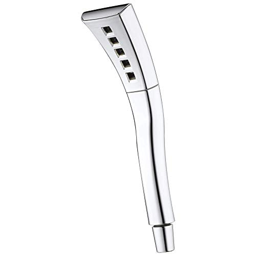 Chrome hand shower with rectangular head and five square spray ports along the upper section.
