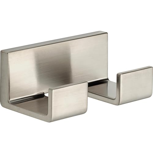 Brushed nickel double robe hook with two rectangular hooks extending from a rectangular backplate.