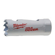 Milwaukee 13/16-inch bi-metal hole saw with cutting teeth, white cylindrical body with red branding.