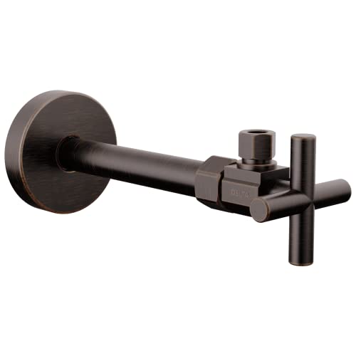 Bronze angled supply stop valve with cross handle and circular wall plate.