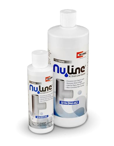 Two white plastic bottles of Nuline AC condensate drain cleaner in different sizes with white caps.