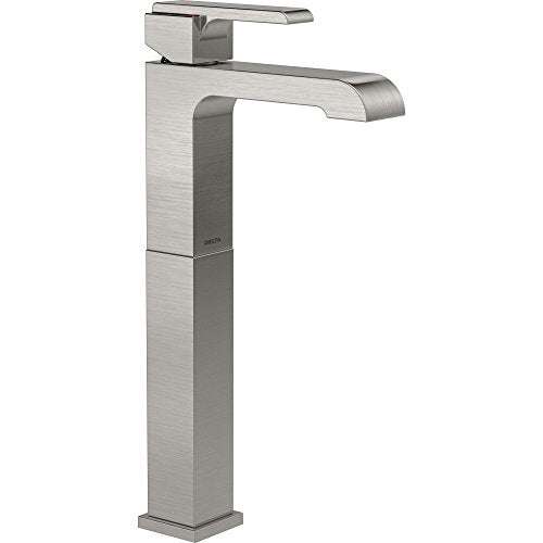 Brushed nickel single-handle vessel faucet with tall square body and curved spout.