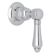 Polished chrome trim valve with circular backplate and lever handle for volume control and diverter function.
