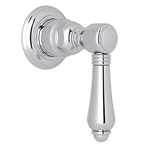 Polished chrome trim valve with circular backplate and lever handle for volume control and diverter function.