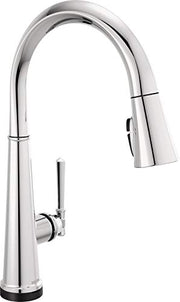 Chrome single-handle kitchen faucet with high curved spout and pull-down sprayer head.
