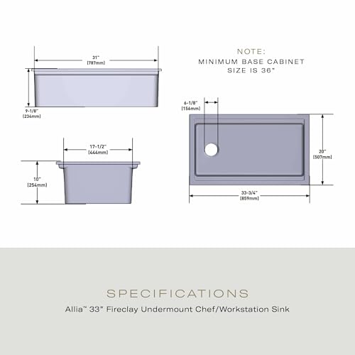 White fireclay undermount sink with single basin and drainage hole, shown in top, front, and side technical views with dimens