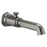 Luxe steel tub spout with diverter knob and curved outlet, wall-mounted design.